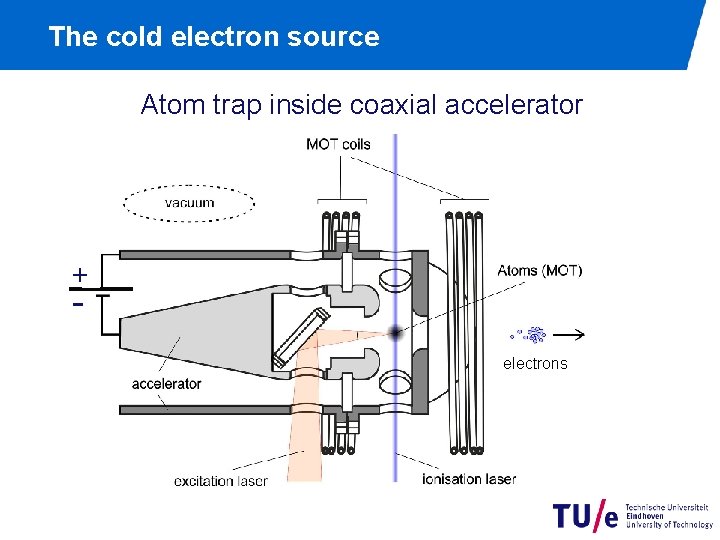 The cold electron source Atom trap inside coaxial accelerator + - electrons 
