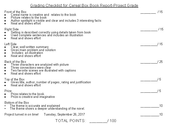 Grading Checklist for Cereal Box Book Report-Project Grade Front of the Box Cereal name