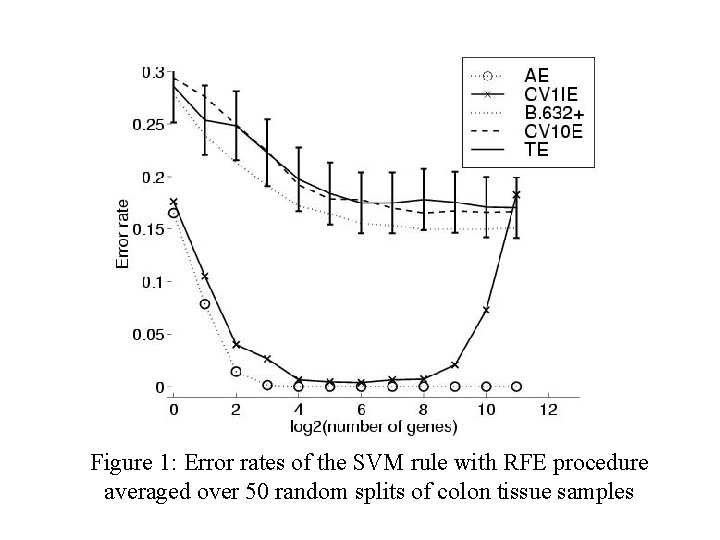 Figure 1: Error rates of the SVM rule with RFE procedure averaged over 50