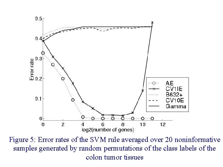 Figure 5: Error rates of the SVM rule averaged over 20 noninformative samples generated