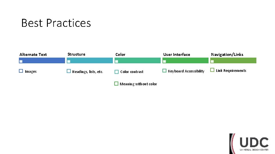 Best Practices Alternate Text Images Structure Headings, lists, etc. Color contrast Meaning without color