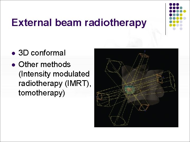 External beam radiotherapy l l 3 D conformal Other methods (Intensity modulated radiotherapy (IMRT),