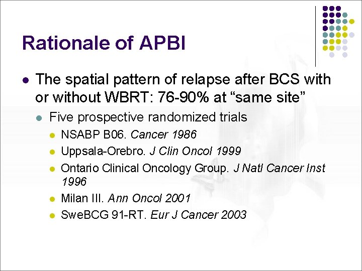 Rationale of APBI l The spatial pattern of relapse after BCS with or without