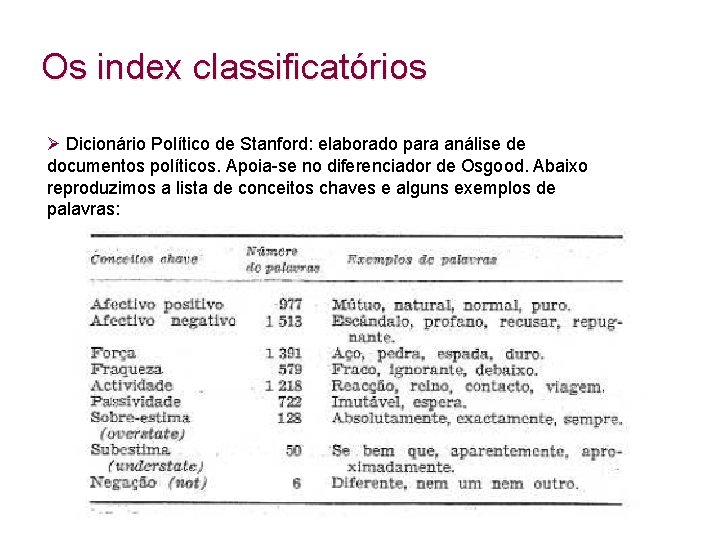 Os index classificatórios Ø Dicionário Político de Stanford: elaborado para análise de documentos políticos.