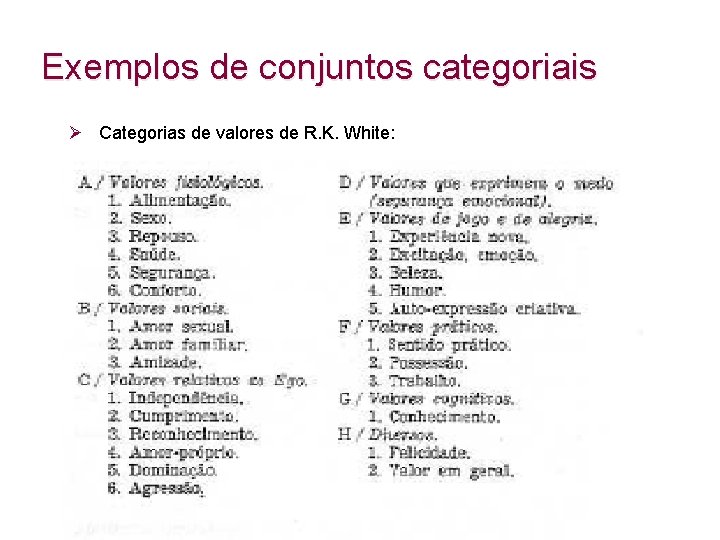 Exemplos de conjuntos categoriais Ø Categorias de valores de R. K. White: 