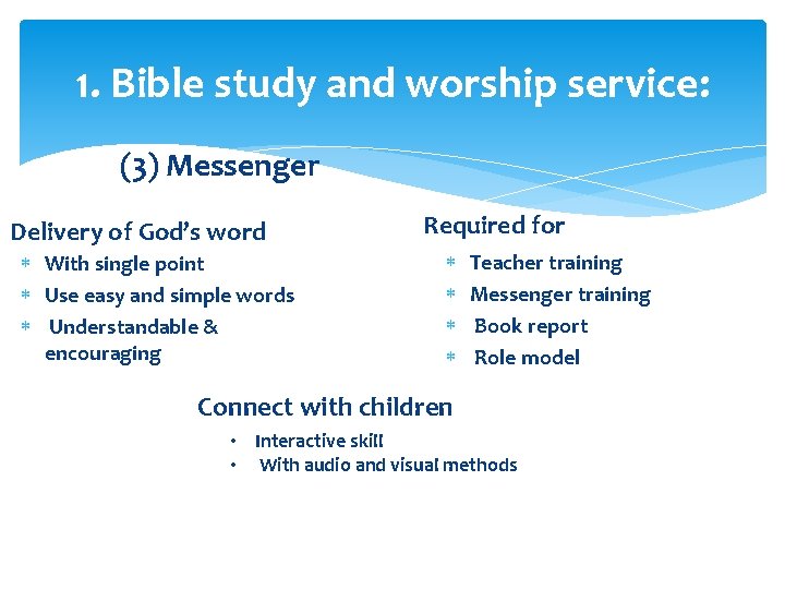 1. Bible study and worship service: (3) Messenger Delivery of God’s word With single