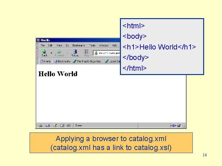 <html> <body> <h 1>Hello World</h 1> </body> </html> Applying a browser to catalog. xml