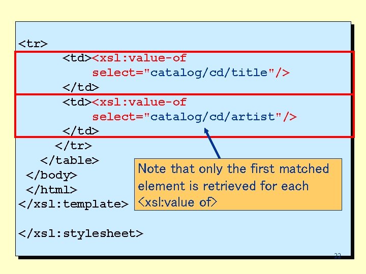<tr> <td><xsl: value-of select="catalog/cd/title"/> </td> <td><xsl: value-of select="catalog/cd/artist"/> </td> </tr> </table> Note that only