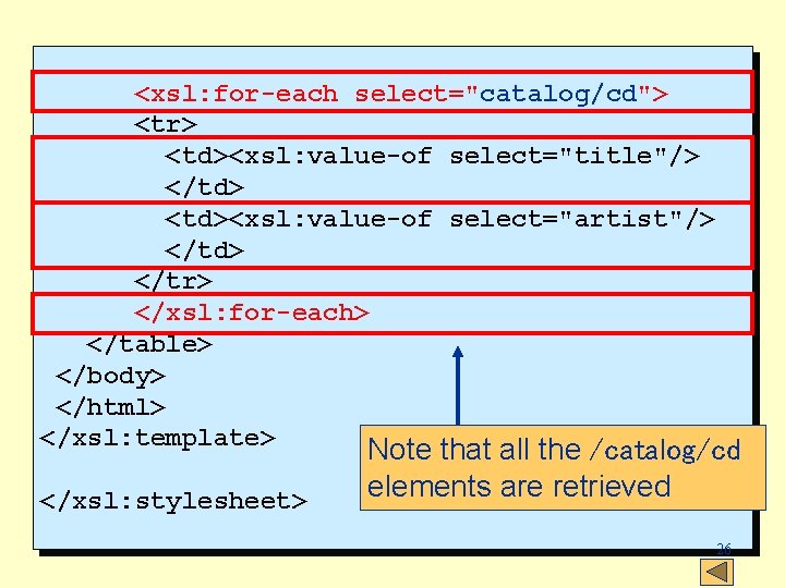 <xsl: for-each select="catalog/cd"> <tr> <td><xsl: value-of select="title"/> </td> <td><xsl: value-of select="artist"/> </td> </tr> </xsl: