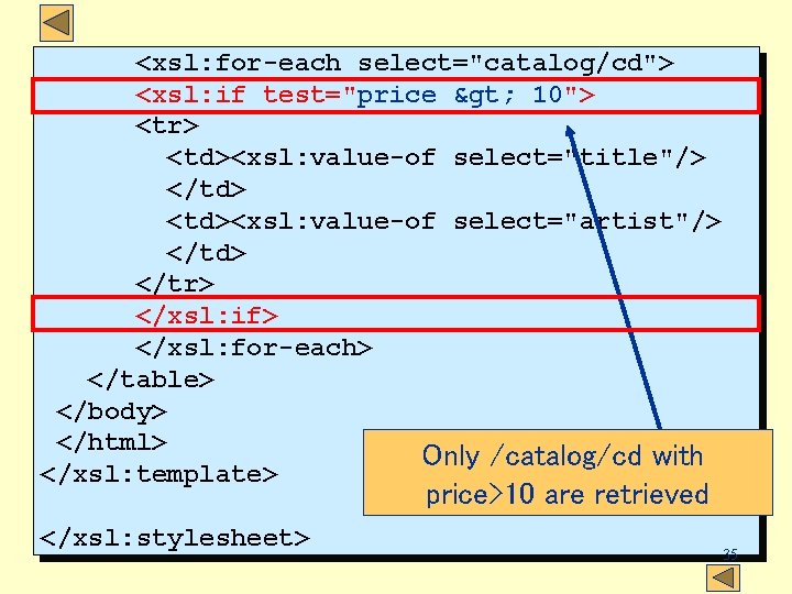 <xsl: for-each select="catalog/cd"> <xsl: if test="price > 10"> <tr> <td><xsl: value-of select="title"/> </td> <td><xsl: