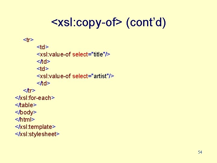 <xsl: copy-of> (cont’d) <tr> <td> <xsl: value-of select="title"/> </td> <xsl: value-of select="artist"/> </td> </tr>