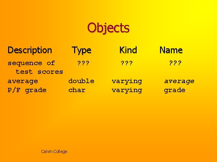 Objects Description Type sequence of ? ? ? test scores average double P/F grade Objects Description Type sequence of ? ? ? test scores average double P/F grade