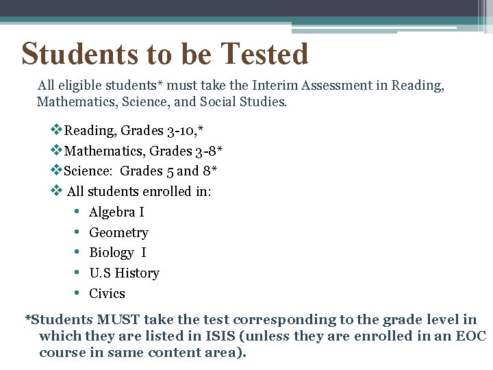 Students to be Tested All eligible students* must take the Interim Assessment in Reading,