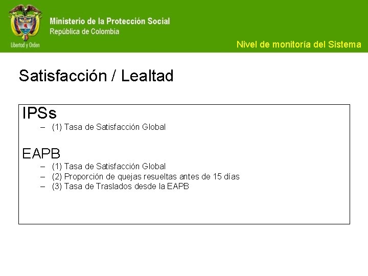 Nivel de monitoría del Sistema Satisfacción / Lealtad IPSs – (1) Tasa de Satisfacción