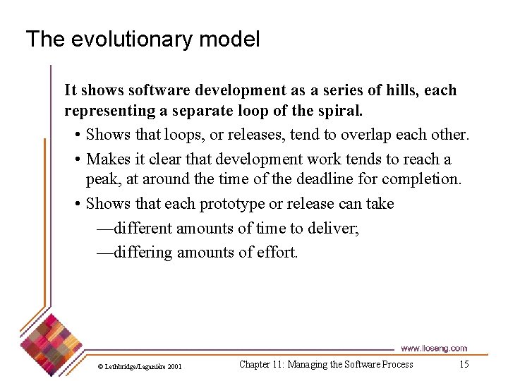 The evolutionary model It shows software development as a series of hills, each representing