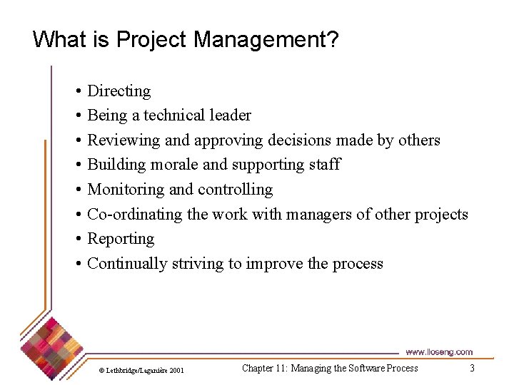 What is Project Management? • Directing • Being a technical leader • Reviewing and