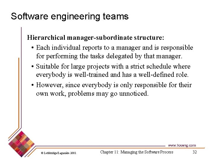 Software engineering teams Hierarchical manager-subordinate structure: • Each individual reports to a manager and