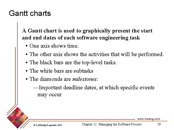 Gantt charts A Gantt chart is used to graphically present the start and end