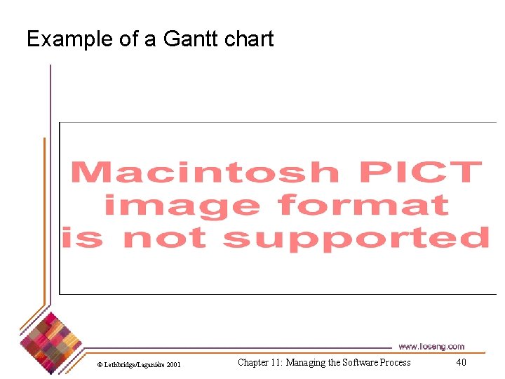 Example of a Gantt chart © Lethbridge/Laganière 2001 Chapter 11: Managing the Software Process