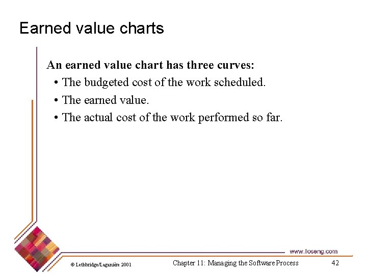 Earned value charts An earned value chart has three curves: • The budgeted cost