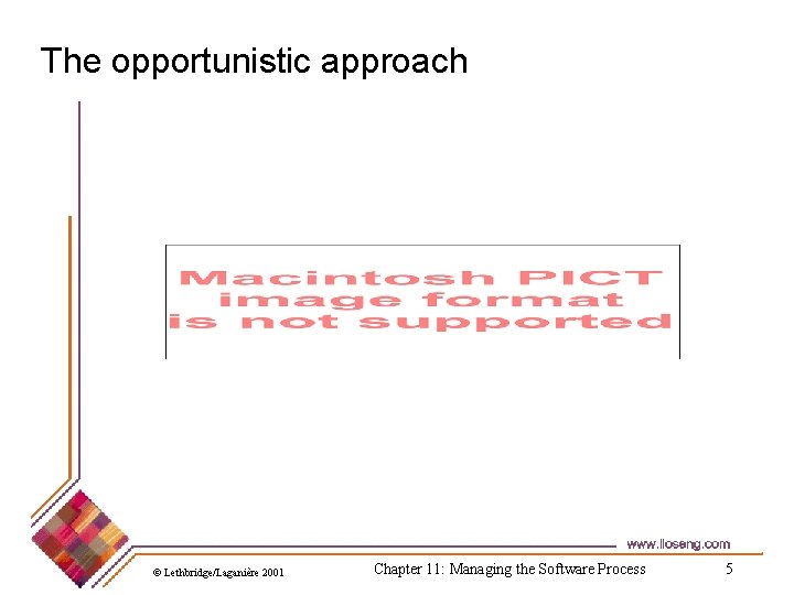 The opportunistic approach © Lethbridge/Laganière 2001 Chapter 11: Managing the Software Process 5 