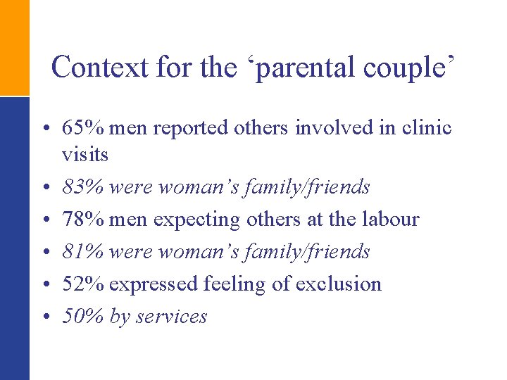 Context for the ‘parental couple’ • 65% men reported others involved in clinic visits