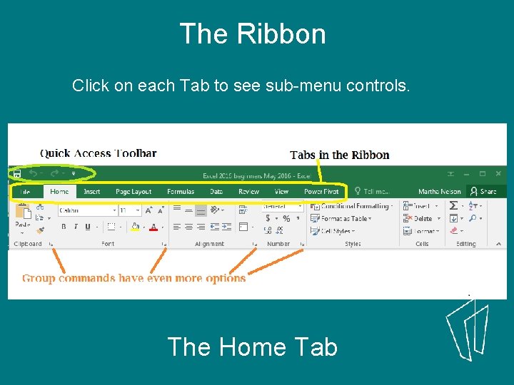 The Ribbon Click on each Tab to see sub-menu controls. The Home Tab 