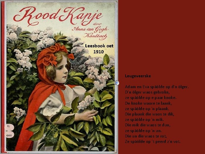 Leesbook oet 1910 Leugeveerske Adam en Eva späölde op d'n ölger. D'n ölger waos