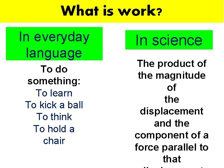 What is work? In everyday language To do something: To learn To kick a