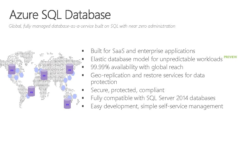 Global, fully managed database-as-a-service built on SQL with near zero administration DB DB DB