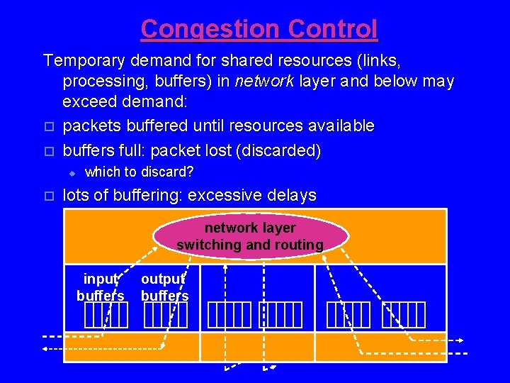 Congestion Control Temporary demand for shared resources (links, processing, buffers) in network layer and