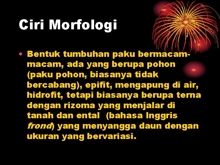 Ciri Morfologi • Bentuk tumbuhan paku bermacam, ada yang berupa pohon (paku pohon, biasanya