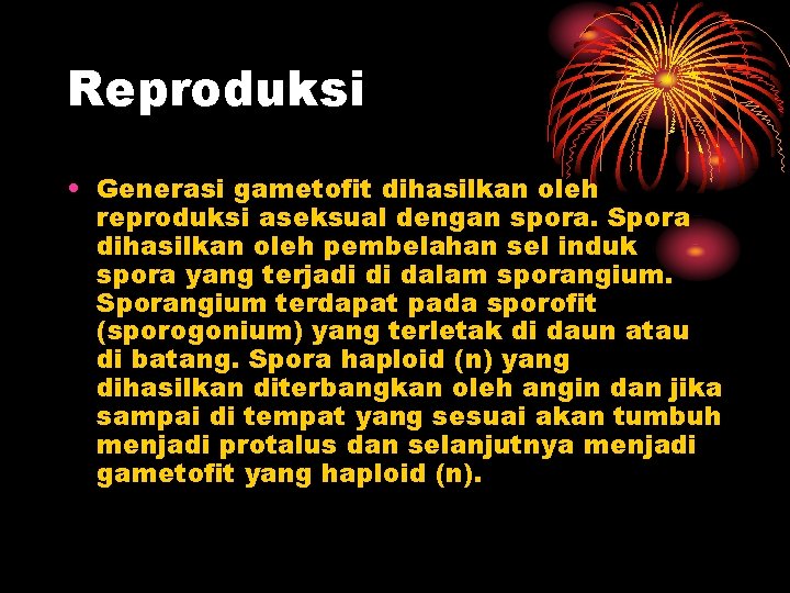 Reproduksi • Generasi gametofit dihasilkan oleh reproduksi aseksual dengan spora. Spora dihasilkan oleh pembelahan