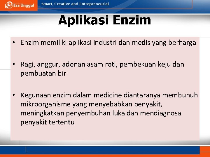 Aplikasi Enzim • Enzim memiliki aplikasi industri dan medis yang berharga • Ragi, anggur,