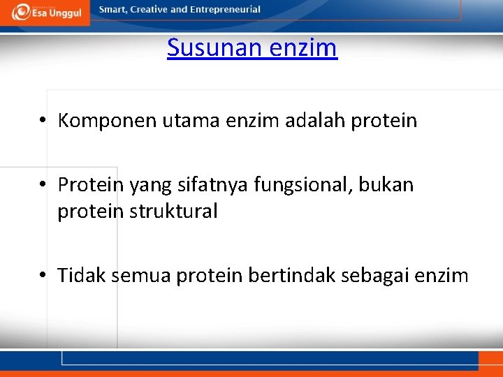 Susunan enzim • Komponen utama enzim adalah protein • Protein yang sifatnya fungsional, bukan