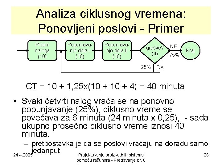 Analiza ciklusnog vremena: Ponovljeni poslovi - Primer Prijem naloga (10) Popunjavanje dela II (10)