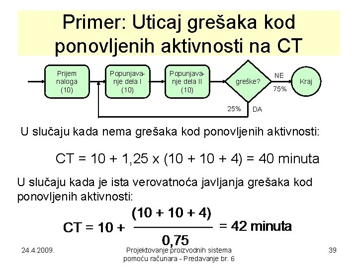 Primer: Uticaj grešaka kod ponovljenih aktivnosti na CT Prijem naloga (10) Popunjavanje dela II