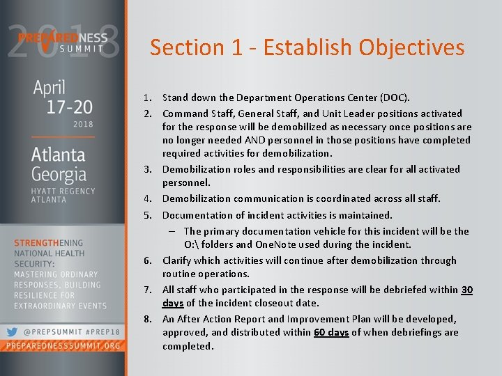 Section 1 - Establish Objectives 1. Stand down the Department Operations Center (DOC). 2.