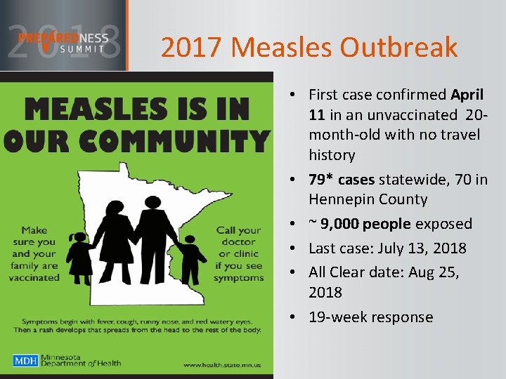 2017 Measles Outbreak • First case confirmed April 11 in an unvaccinated 20 month-old