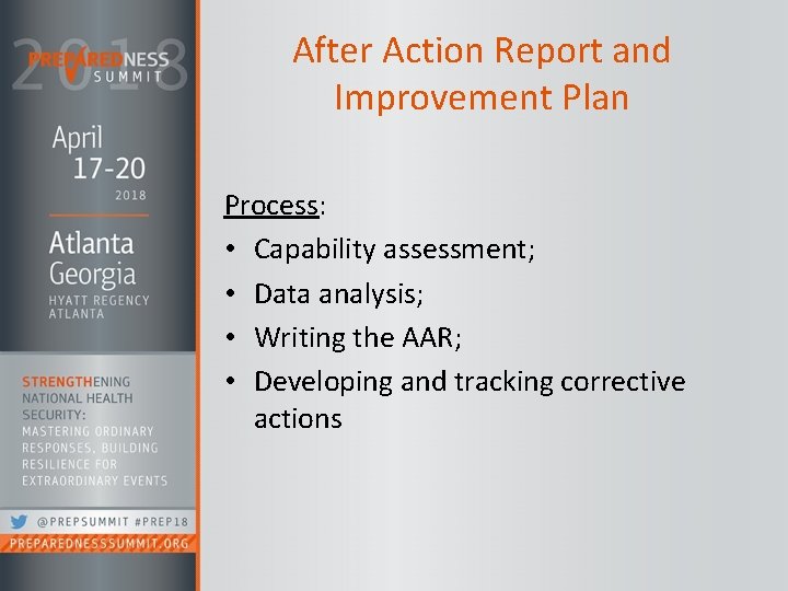 After Action Report and Improvement Plan Process: • Capability assessment; • Data analysis; •