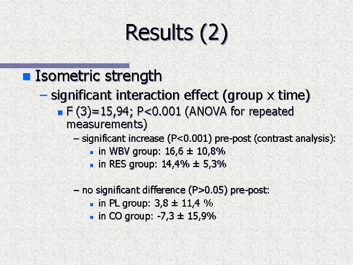 Results (2) n Isometric strength – significant interaction effect (group x time) n F
