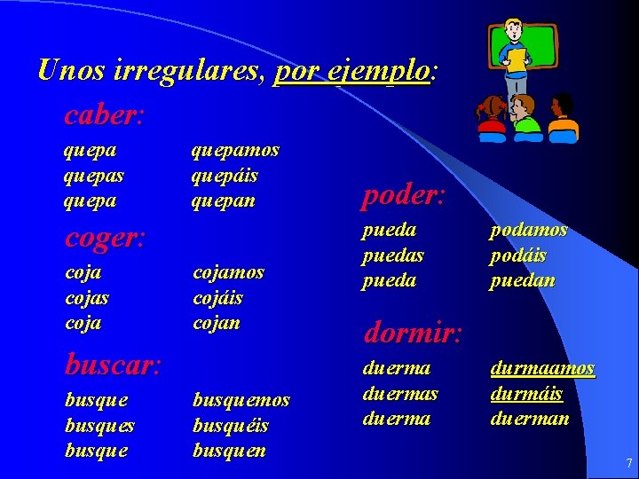 Unos irregulares, por ejemplo: caber: quepas quepamos quepáis quepan coger: cojas cojamos cojáis cojan