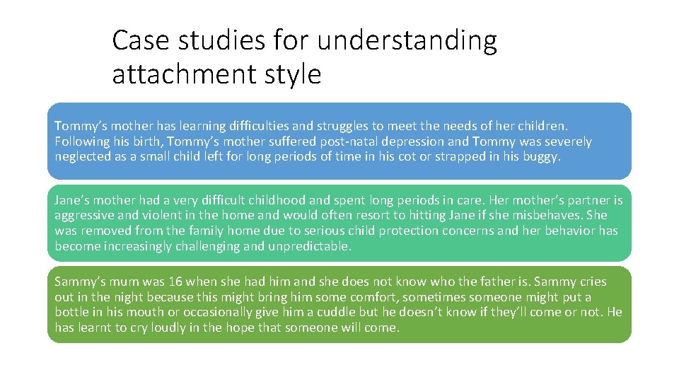 Case studies for understanding attachment style Tommy’s mother has learning difficulties and struggles to