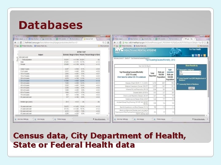 Databases Census data, City Department of Health, State or Federal Health data 