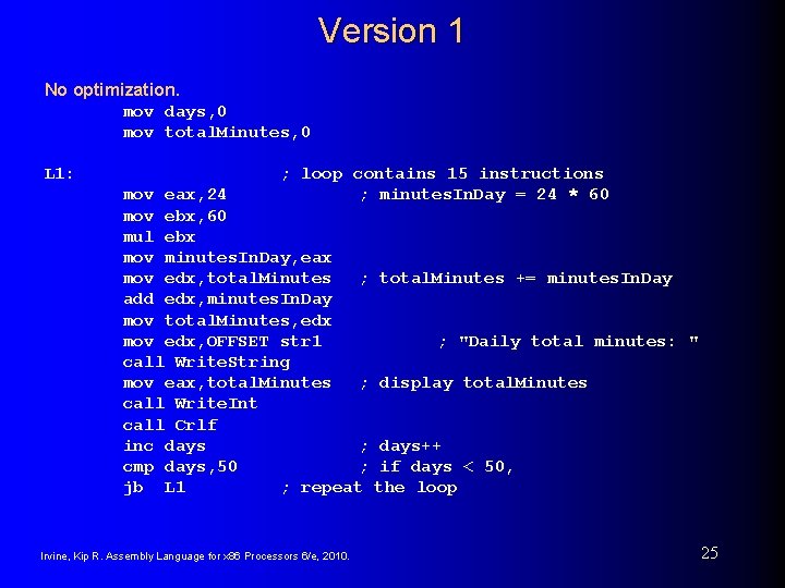 Version 1 No optimization. mov days, 0 mov total. Minutes, 0 L 1: ;