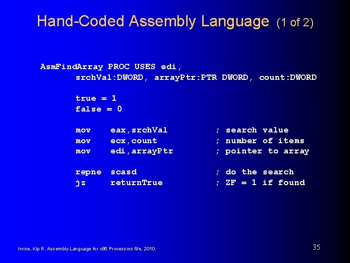 Hand-Coded Assembly Language (1 of 2) Asm. Find. Array PROC USES edi, srch. Val: