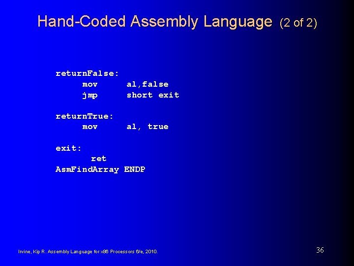 Hand-Coded Assembly Language (2 of 2) return. False: mov al, false jmp short exit