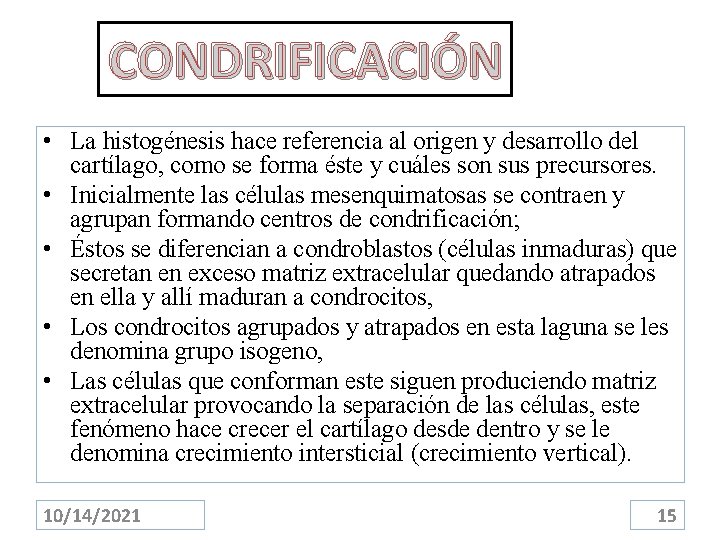 CONDRIFICACIÓN • La histogénesis hace referencia al origen y desarrollo del cartílago, como se