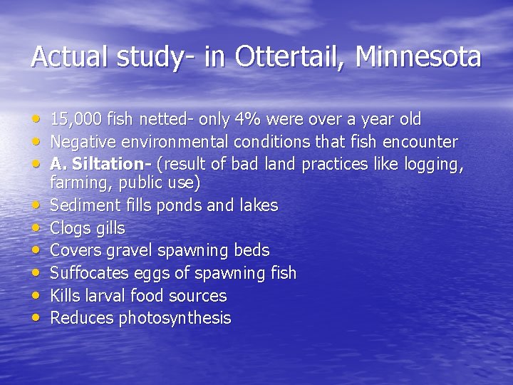 Actual study- in Ottertail, Minnesota • • • 15, 000 fish netted- only 4%