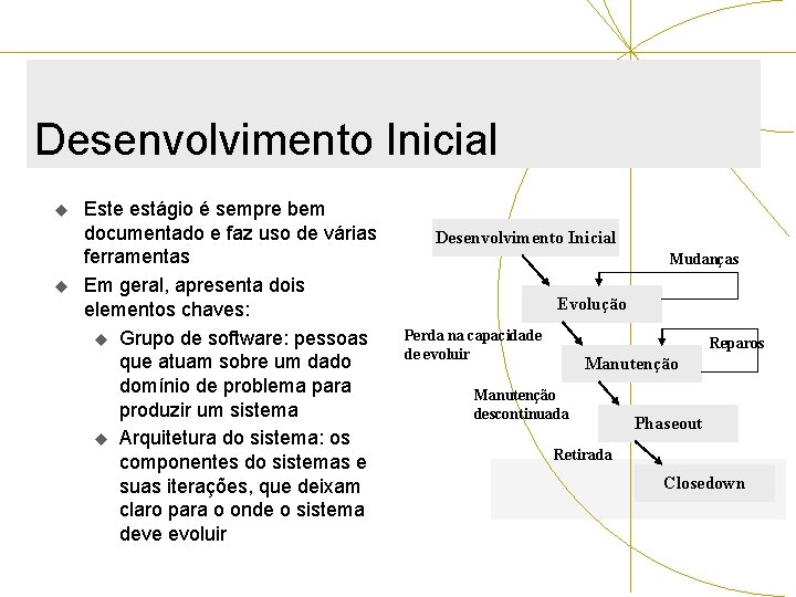 Desenvolvimento Inicial u u Este estágio é sempre bem documentado e faz uso de